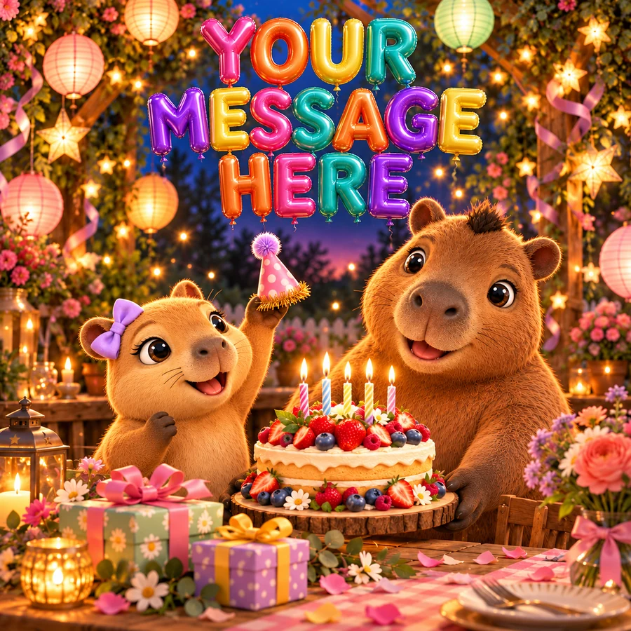 Capi and Coco celebrating with a birthday cake beneath colorful Your Message Here balloons