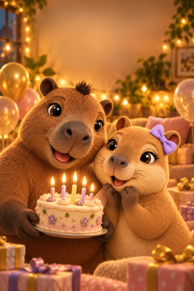 Capi and Coco with a birthday cake